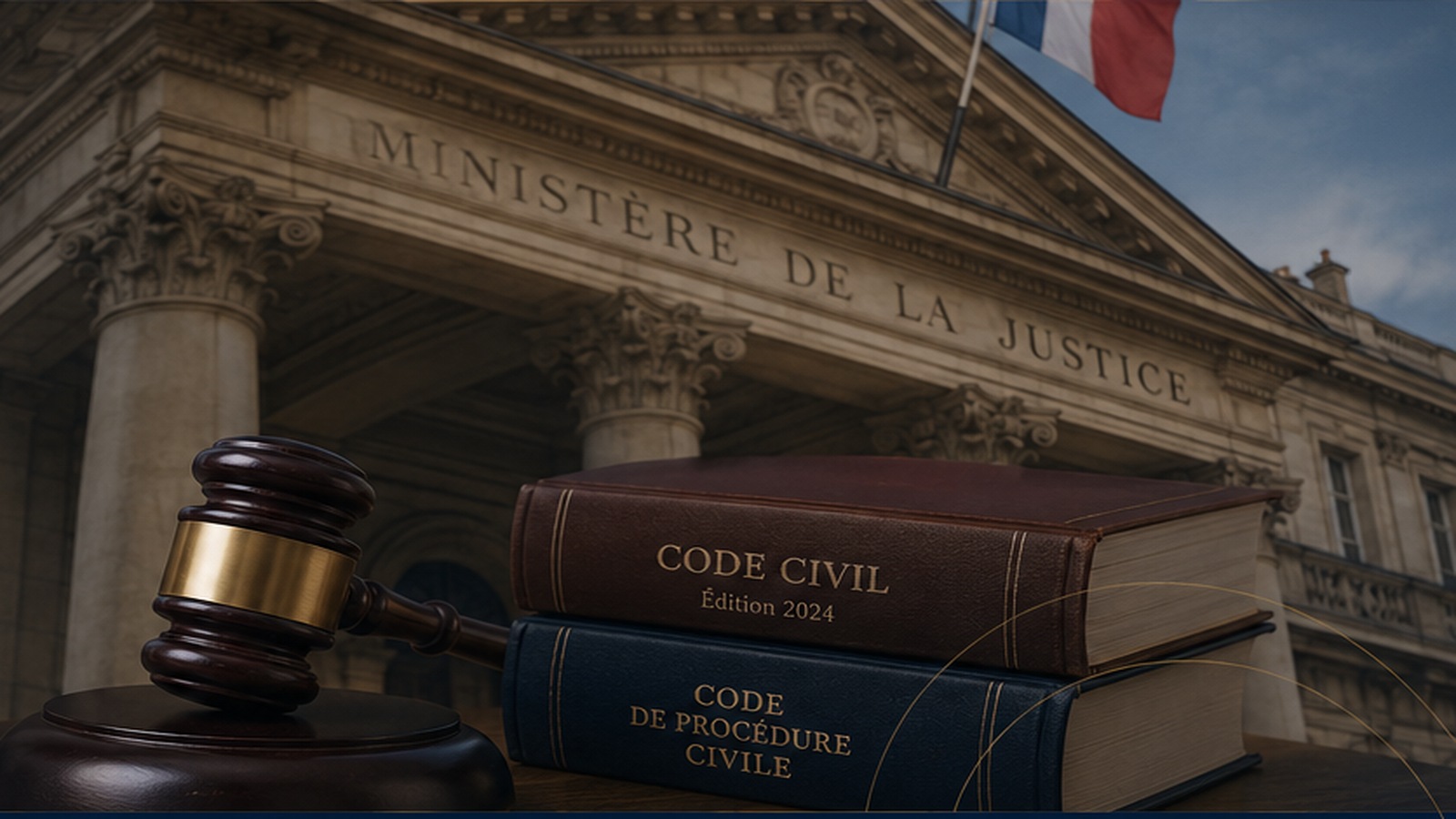 Environnement institutionnel de la justice française, avec bâtiment historique et ouvrages juridiques